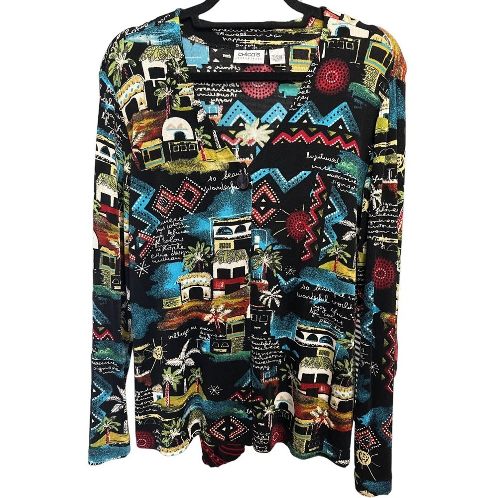 Chico’s Travelers size 1(M) black African inspired print single button cardigan